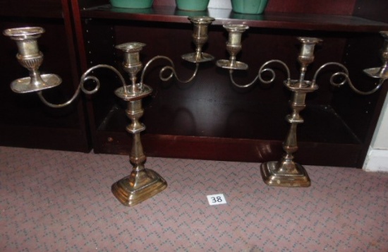 SILVER-ON-COPPER CANDLESTICKS, 2 ARMED; HOLDS 3 CANDLES, PAIR TO GO.  MEASU