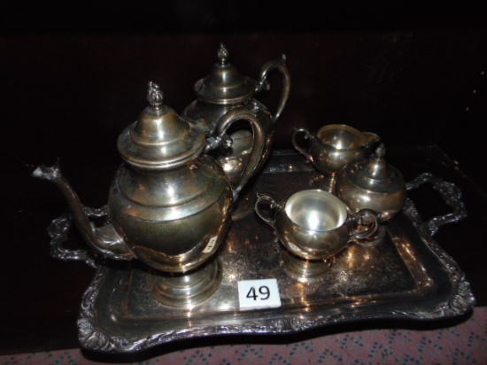 WILLIAM ROGERS TEA SET, DOUBLE-HANDLE TRAY, 24 X 15.5 2, TEA POTS, OPEN CRE