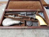COLT 1851 NAVY, 36 CAL, MADE IN 1861, WITH BULLET MOLD AND POWDER FLASK, IN CASE, WOOD GRIPS