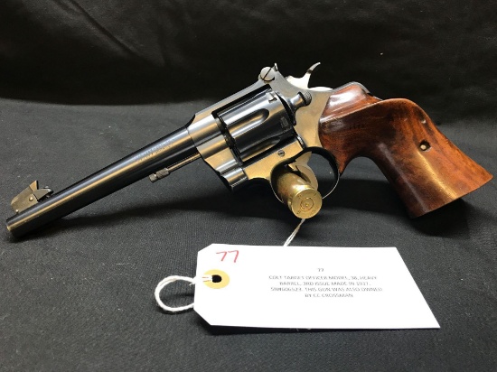 COLT TARGET OFFICER MODEL, 38, HEAVY BARREL, 3RD ISSUE MADE IN 1937. SN-606523. THIS GUN WAS ALSO
