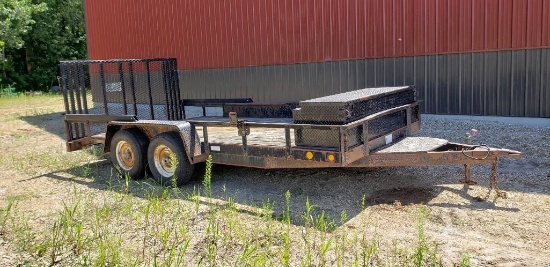 1999 Eagle 7x16' dual axle trailer with assist lift fold down ramp end gate. NO TITLE.