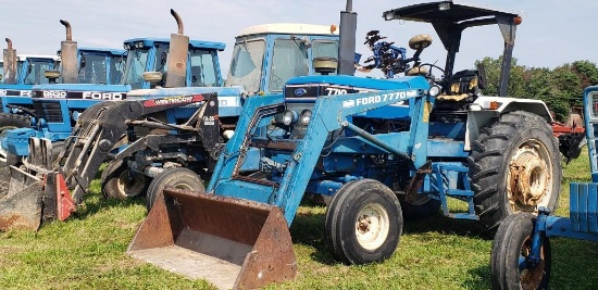 1990 Ford 7710 2WD Dual Power, 777D Loader, 1843 hrs., 16 spd, 16.9x38 duals, rear wheel weights,