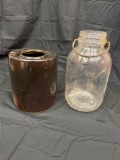 Crock jar and antique glass jar w/ metal bail.