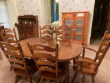 Pine dining table and six chairs. Three leaves (leaves do have some scratches). (One of three-piece