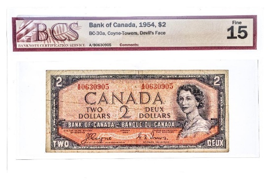 1954 Canada $2 Banknote - Devil's Face - BCS Graded F-15