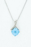 10kt White Gold Ladies Hand Made Necklace w/ Cushion Cut Blue Topaz & 11 Diamonds - Appraisal
