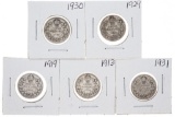 Historical - Group of 5 Canada Silver 10 Cent Coins (1913,1919,1929,1930,1931)