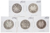 Historical - Group of 5 Canada Silver 25 Cent Coins (1918,1920,1930,1931,1932)