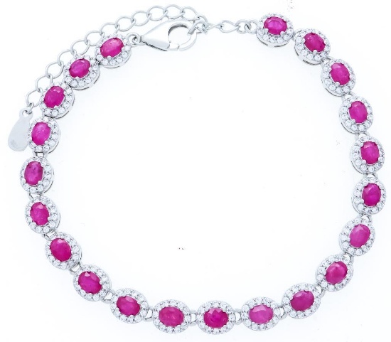 Sterling Silver Bracelet 7-8.5", 21 Oval Cut Natural Rubies & 300 CZ's = 5.20ct TW Appraisal:$1175.
