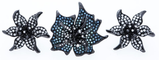 MM Crystal Custom Design Earrings, Floral w/ Swarovski Elements , Clip on Backs, Black Gold Plated,