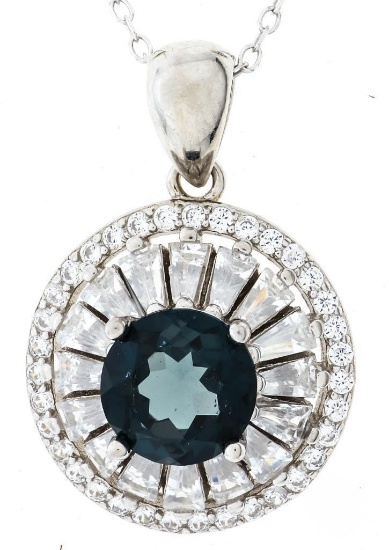 925 Sterling Silver Necklace - 18" Chain,1.50ct Round Cut Blue Topaz & 54 CZ's = 3.30ct Appr:$825.