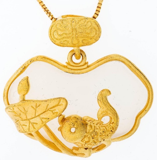 24kt G.P. Necklace,20" Curb Link Chain & Mother of Pearl Pendant w/ Gold Accents