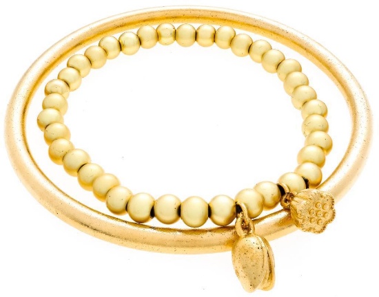24KT G.P. 2-PC Bangle and Bead Bracelet Set