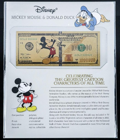 Disney Mickey Mouse 24kt Gold Gilded Collectible Million Dollar Note on Giclee Art Card Display