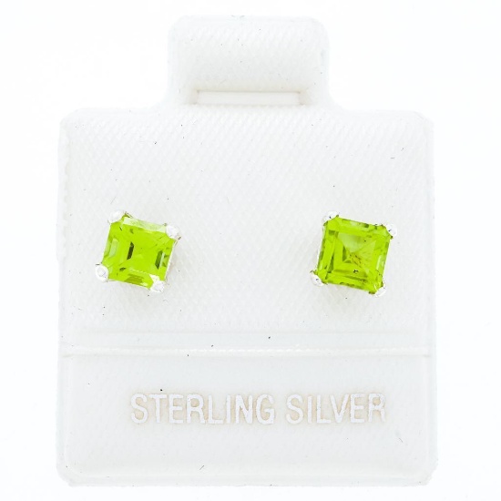Sterling Silver Genuine Peridot Princess Cut Earrings 14kt Gold - 1ct.