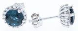 Sterling Silver Stud Earrings,2 Round Blue Topazes 1.98c t & 32 CZ's =2.30cts. Appraisal:$615.