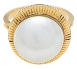 18kt Yellow Gold Hand Made Solitaire Ring With Fluted Halo. Half Round Mabe Pearl. Appraisal; -