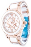 Lady's Fancy Quartz Watch Rose Gold Case & White Ceramic Band w/ Gold Design on Dial.