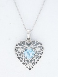 925 Sterling Silver Heart Shape Pendant & Chain, Genuine Heart Cut Blue Topaz.