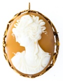 Hand Made 14kt Yellow Gold Art Deco Brooch-Pendant, Lady Portrait Cameo. Appraisal $3720.00