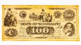 State of Mississippi Dated 1862 $100 Treasury Note - Stamped Copy