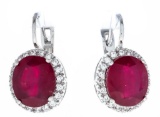 925 Sterling Silver Earrings, Latch Backs, 2 Oval Cut Natural Rubies - Glass Composite 9.74 ct &