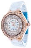 Lady's Fancy Qtz. Watch, White Ceramic Band, Rose Gold Case, Set w/ Swarovski Crystals