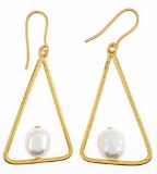 24KT G.P. Triangle Style Earrings w/ FW Pearl