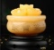 Hand Made Genuine Yellow Jade Bowl w. Jade Healing Stones & Wood Base.