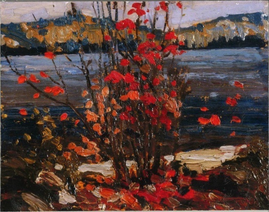 Tom Thomson (1877-1917) "Lake And Red Tree" 8x10 On ' Wood Panel ' Canadian Art Collection