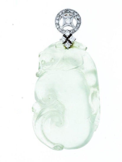 Hand Carved Cut Pin Set Light Green Jadeite Jade Pendant, w/20 Diamonds Set in 18kt Gold Bale. .25ct