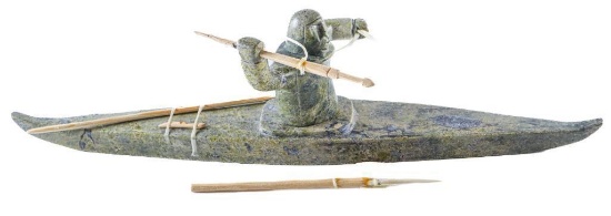 Inuk Artist - Noah Jaw - Hand Carved - Fisherman in Kayak - 15" L x 3" W Gallery $1550.00