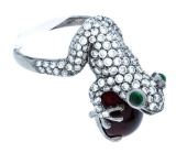 18kt Black Gold Custom Made Frog ring Motif Cocktail Ring- Almandite, 2 Tsavorite, &149 Diamonds.