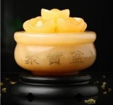 Hand Made Genuine Yellow Jade Bowl w. Jade Healing Stones & Wood Base.