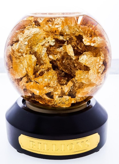 "BILLIONS" Globe Full of 24kt .999 Fine Gold Leaf Flakes, Special Preservative Liquid, Globe Spins o