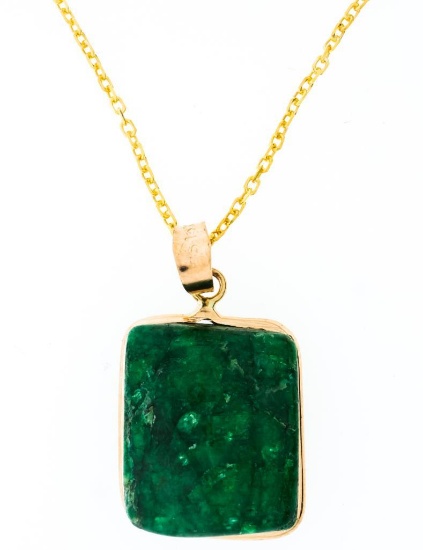 14kt Yellow Gold Pendant & Sterling Silver/Gold Chain w/ Bezel Set  Cushion Cut  Natural Emerald- 6.