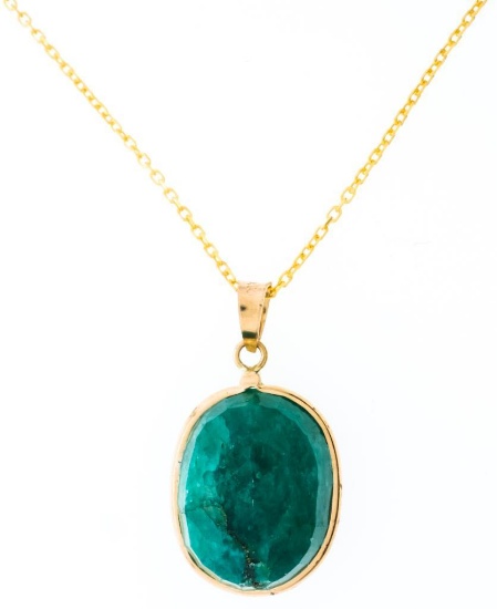 14kt Yellow Gold Pendant & Sterling Silver/Gold Chain w/ Bezel Set Oval cut Natural Emerald- 6.90ct.