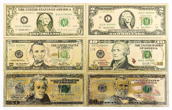 Grouping of 6 USA 24kt Gold Leaf Collectible Bank Note Replicas