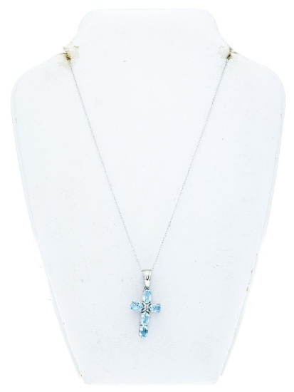 Sterling Silver Cross Pendant & Chain 5 Oval cut Natural Blue Topazes = 2.50ct - Appraisal $590.