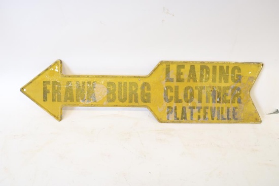 Frank Burg Leading Clothier Die Cut Tin Arrow Sign