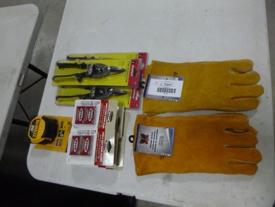 (3) Straight Cut snips, Tape Measure, Razor Blades, (2) Pair Welding Gloves