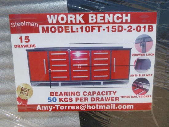 Unused Steelman 10ft Work Bench with 15 Drawers 2 Cabinets
