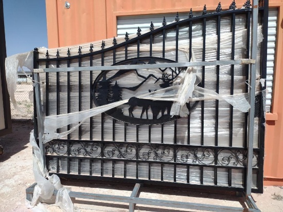 Unused Greatbear 20 Ft. Bi-Parting Wrought Iron Gate with Deer Artwork