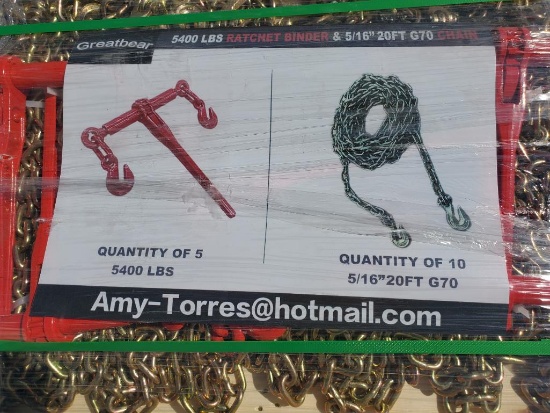 Unused Greabear (5) Ratchet Binders and (10) 5/16'' 20ft Chains
