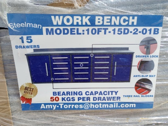 Unused Steelman 10Ft Work Bench w/ 15 Drawers and 2 Cabinets