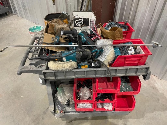Tool Cart with Misc Makita Tools, Batteries, Tools, Trailers Parts and Supplies