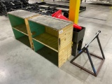 1 Wooden Cabinet, Metal Bins with Misc Trailer Axle Parts