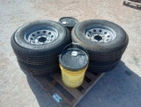 (4) Unused Trailer Wheels w/Tires 225/75R15 and (2) Buckets of Omala S2 G 220 Gear Oil