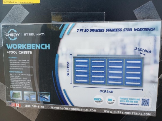 Unused Steelman 7Ft (20) Drawers Stainless Steel Workbench