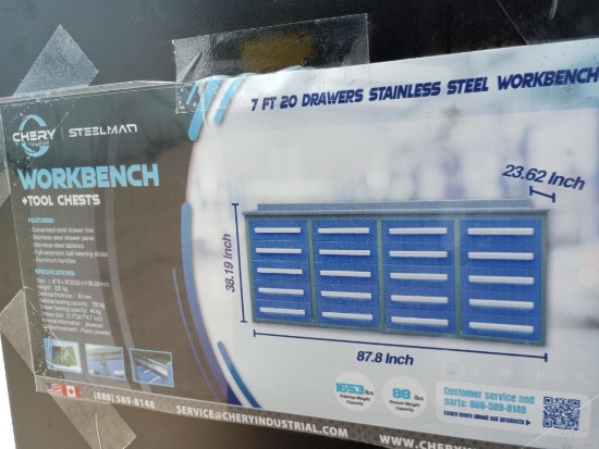 Unused Steelman 7Ft (20) Drawers Stainless Steel Workbench